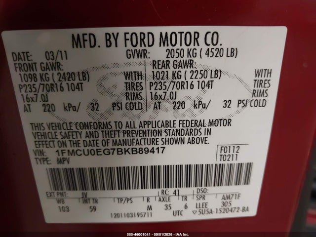 Aukcja sprzedaży 2011 Ford Escape Limited, vin: 1FMCU0EG7BKB89417, numer aukcji: 46001041