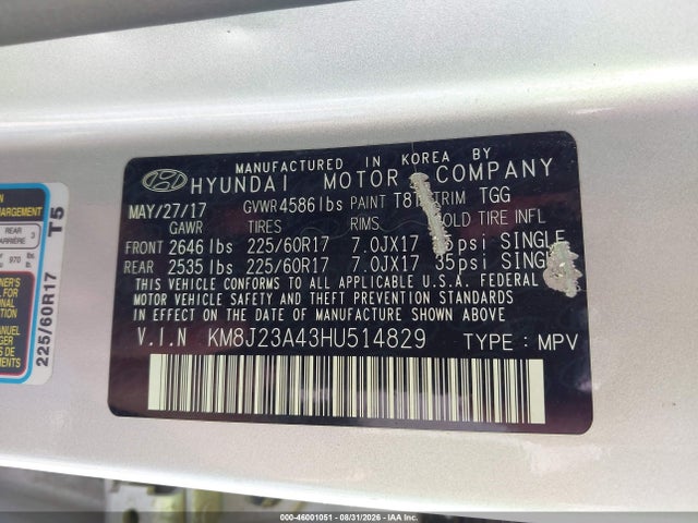 46001051 :رقم المزاد ، KM8J23A43HU514829 vin ، 2017 Hyundai Tucson Se مزاد بيع