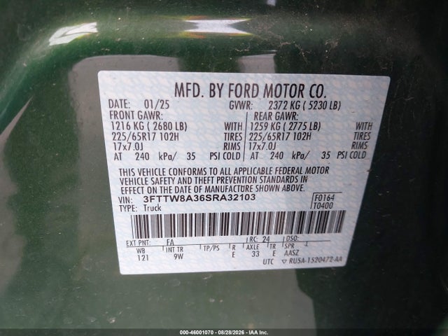 46001070 :رقم المزاد ، 3FTTW8A36SRA32103 vin ، 2025 Ford Maverick Xl مزاد بيع