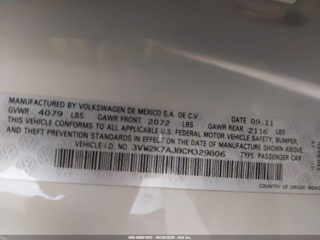 Продаж на аукціоні авто 2012 Volkswagen Jetta 2.0l S, vin: 3VW2K7AJ8CM329806, номер лоту: 46001082