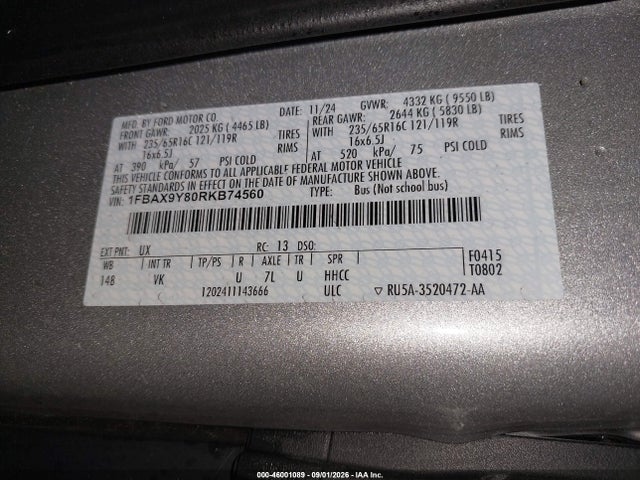 Продаж на аукціоні авто 2024 Ford Transit-350 Passenger Van Xl, vin: 1FBAX9Y80RKB74560, номер лоту: 46001089