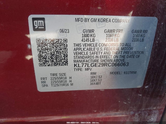 2024 Chevrolet Trax Fwd 1rs მანქანა იყიდება აუქციონზე, vin: KL77LGE29RC066063, აუქციონის ნომერი: 46001101