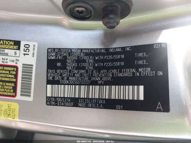 2016 Toyota Sienna Xle Premium 7 Passenger მანქანა იყიდება აუქციონზე, vin: 5TDDK3DC5GS132227, აუქციონის ნომერი: 46001103