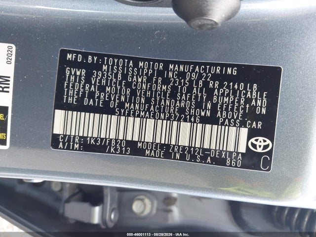 Aukcja sprzedaży 2022 Toyota Corolla Le, vin: 5YFEPMAE0NP372146, numer aukcji: 46001113