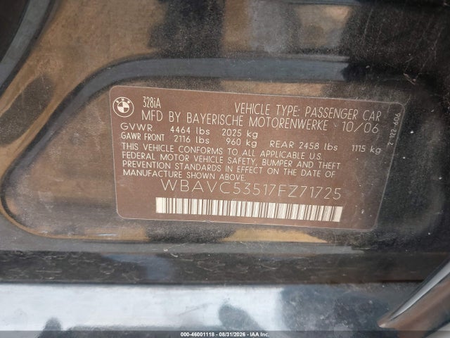 Продаж на аукціоні авто 2007 Bmw 328i, vin: WBAVC53517FZ71725, номер лоту: 46001118