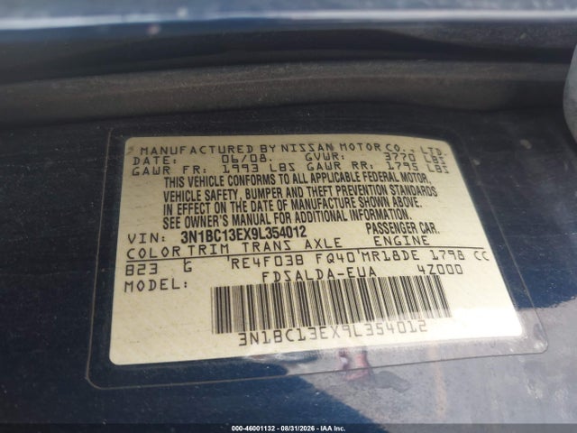 2009 Nissan Versa 1.8s მანქანა იყიდება აუქციონზე, vin: 3N1BC13EX9L354012, აუქციონის ნომერი: 46001132
