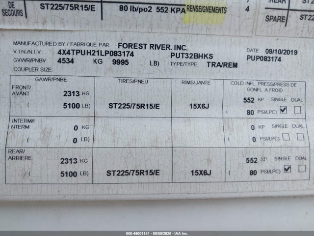 Продажа на аукционе авто 2020 Puma 32bhks, vin: 4X4TPUH21LP083174, номер лота: 46001141