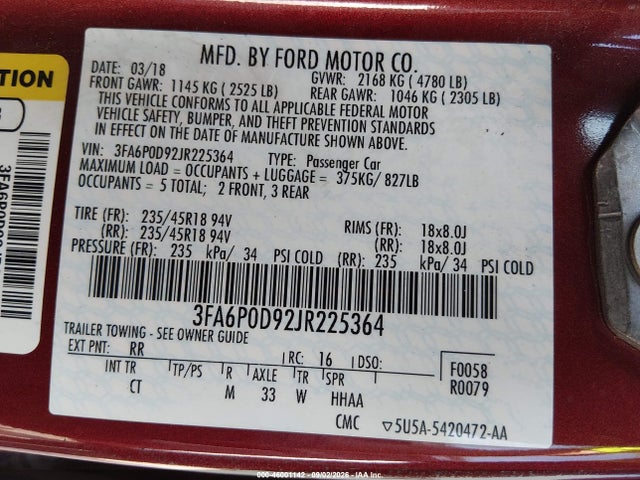 Aukcja sprzedaży 2018 Ford Fusion Titanium, vin: 3FA6P0D92JR225364, numer aukcji: 46001142