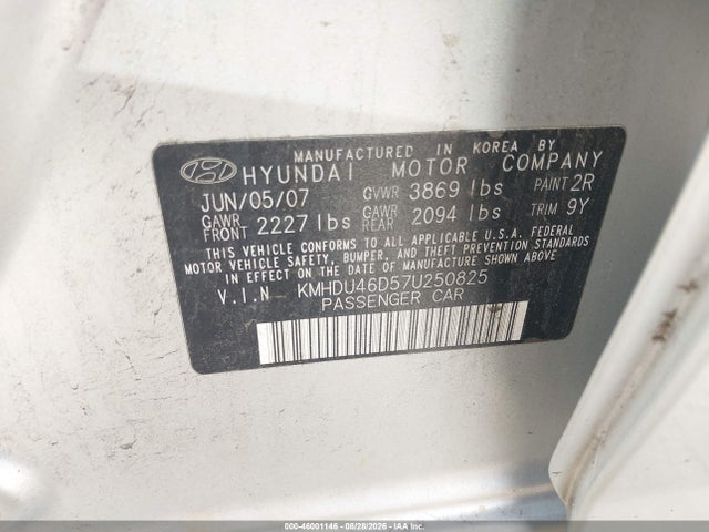 Продажа на аукционе авто 2007 Hyundai Elantra Gls/limited/se, vin: KMHDU46D57U250825, номер лота: 46001146