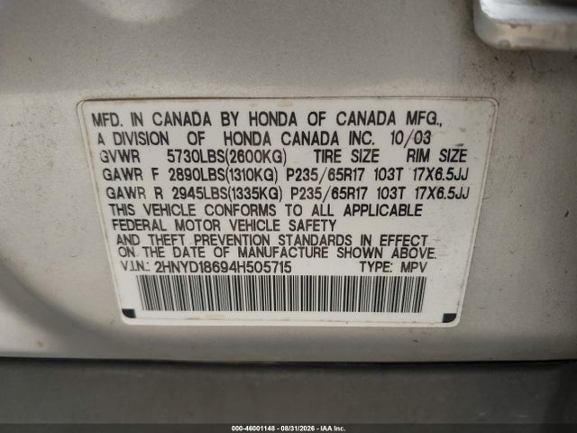 Продажа на аукционе авто 2004 Acura Mdx, vin: 2HNYD18694H505715, номер лота: 46001148