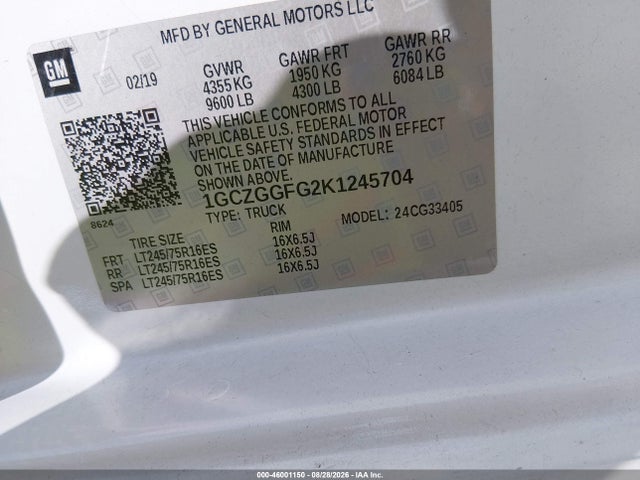46001150 :رقم المزاد ، 1GCZGGFG2K1245704 vin ، 2019 Chevrolet Express 3500 Work Van مزاد بيع