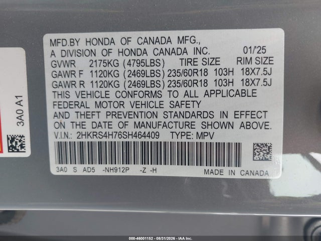 Продаж на аукціоні авто 2025 Honda Cr-v Ex-l Awd, vin: 2HKRS4H76SH464409, номер лоту: 46001152