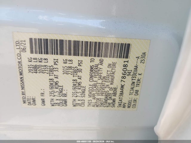 Продаж на аукціоні авто 2021 Nissan Rogue Sv Fwd, vin: 5N1AT3BA4MC786081, номер лоту: 46001158