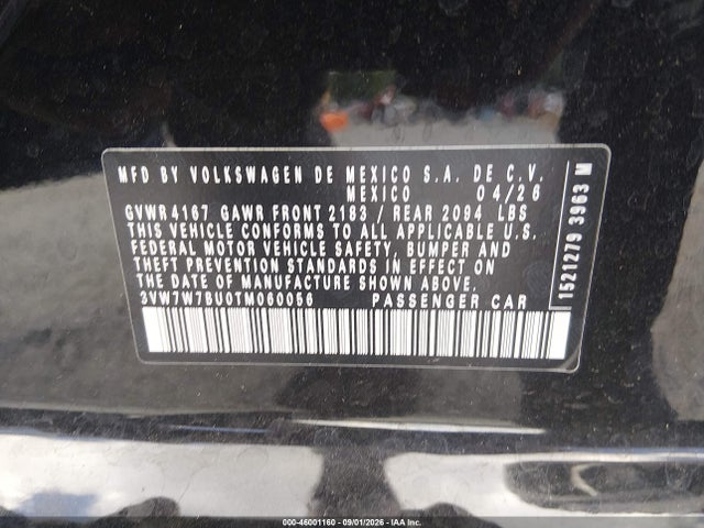 46001160 :رقم المزاد ، 3VW7W7BU0TM060056 vin ، 2026 Volkswagen Jetta Se مزاد بيع