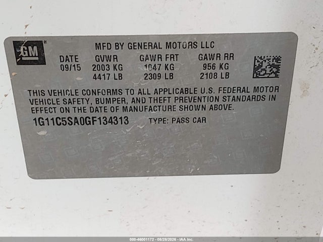 46001172 :رقم المزاد ، 1G11C5SA0GF134313 vin ، 2016 Chevrolet Malibu Limited Lt مزاد بيع