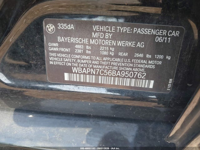 46001183 :رقم المزاد ، WBAPN7C56BA950762 vin ، 2011 Bmw 335d مزاد بيع