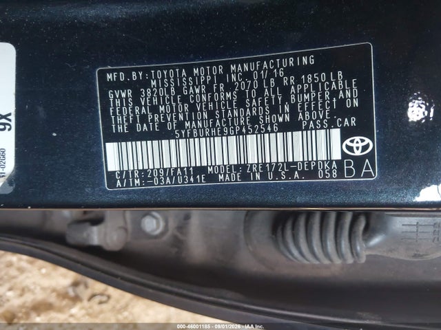 Продажа на аукционе авто 2016 Toyota Corolla L, vin: 5YFBURHE9GP452546, номер лота: 46001185