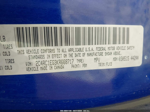 46001186 :رقم المزاد ، 2C4RC1EG3KR668717 vin ، 2019 Chrysler Pacifica Touring L Plus مزاد بيع