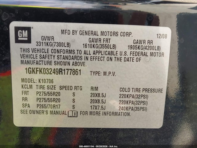 Aukcja sprzedaży 2009 Gmc Yukon Denali, vin: 1GKFK03249R177861, numer aukcji: 46001194