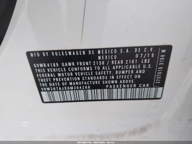 46001195 :رقم المزاد ، 3VW267AJXGM204266 vin ، 2016 Volkswagen Jetta 1.4t S مزاد بيع