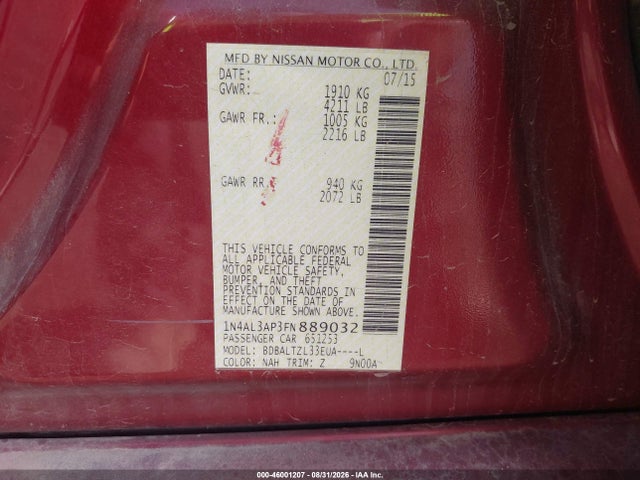 46001207 :رقم المزاد ، 1N4AL3AP3FN889032 vin ، 2015 Nissan Altima 2.5 Sl مزاد بيع