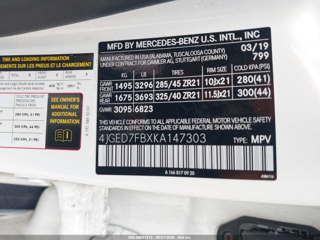 46001210 :رقم المزاد ، 4JGED7FBXKA147303 vin ، 2019 Mercedes-benz Amg Gle 63 Coupe S 4matic مزاد بيع