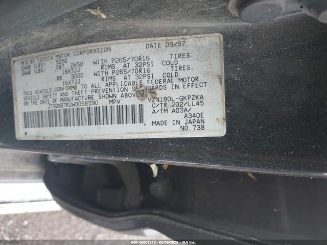 1998 Toyota 4runner Sr5 V6 Limited მანქანა იყიდება აუქციონზე, vin: JT3GN87R2W0058790, აუქციონის ნომერი: 46001218