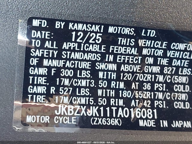 2026 Kawasaki Zx636 K მანქანა იყიდება აუქციონზე, vin: JKBZXJK11TA016081, აუქციონის ნომერი: 46001227