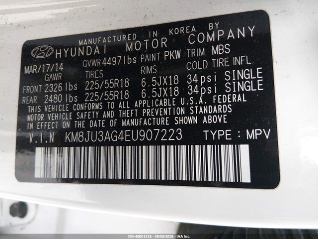 Продажа на аукционе авто 2014 Hyundai Tucson Limited, vin: KM8JU3AG4EU907223, номер лота: 46001236