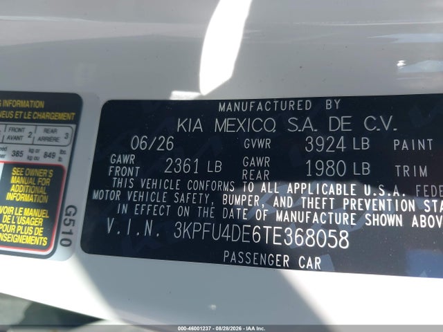 Продаж на аукціоні авто 2026 Kia K4 Ex, vin: 3KPFU4DE6TE368058, номер лоту: 46001237