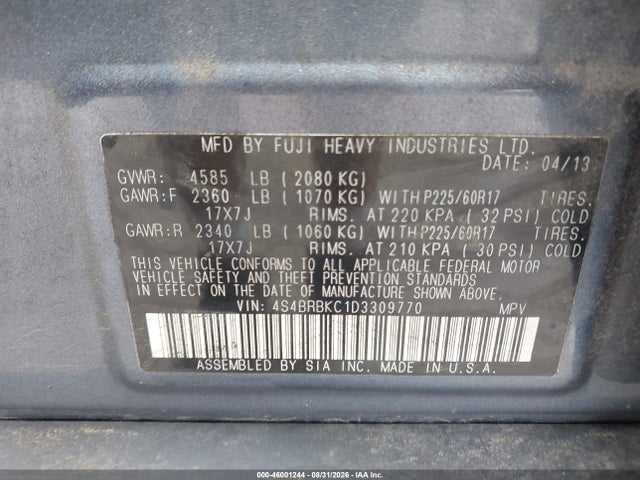 Продаж на аукціоні авто 2013 Subaru Outback 2.5i Limited, vin: 4S4BRBKC1D3309770, номер лоту: 46001244