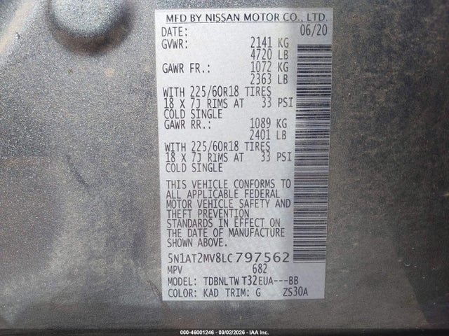 Продаж на аукціоні авто 2020 Nissan Rogue Sv Intelligent Awd, vin: 5N1AT2MV8LC797562, номер лоту: 46001246