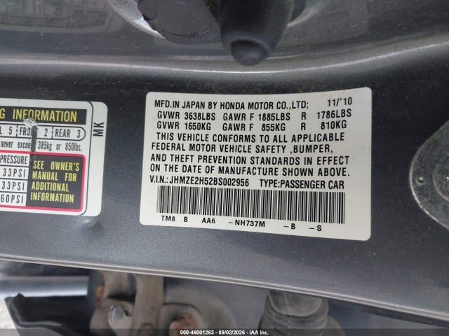 46001263 :رقم المزاد ، JHMZE2H52BS002956 vin ، 2011 Honda Insight Lx مزاد بيع