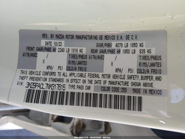 46001276 :رقم المزاد ، 3MZBPACL7NM317615 vin ، 2022 Mazda Mazda3 Preferred مزاد بيع