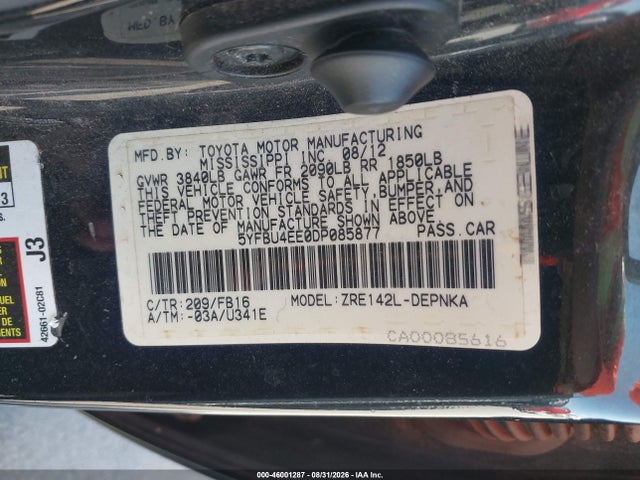 46001287 :رقم المزاد ، 5YFBU4EE0DP085877 vin ، 2013 Toyota Corolla Le مزاد بيع