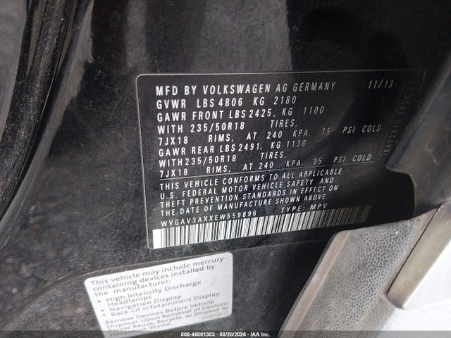 Aukcja sprzedaży 2014 Volkswagen Tiguan Sel, vin: WVGAV3AXXEW559896, numer aukcji: 46001303