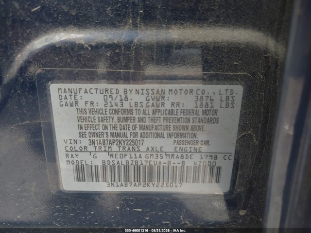 Aukcja sprzedaży 2019 Nissan Sentra S, vin: 3N1AB7AP2KY225017, numer aukcji: 46001316