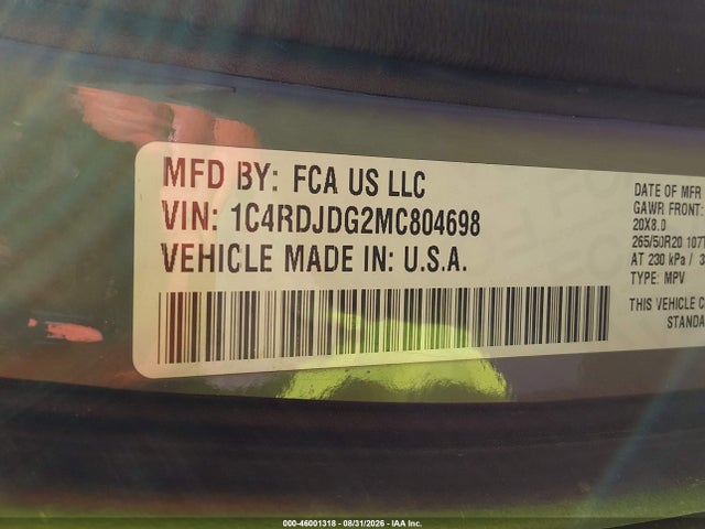 46001318 :رقم المزاد ، 1C4RDJDG2MC804698 vin ، 2021 Dodge Durango Gt Awd مزاد بيع