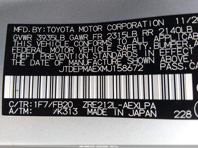 Продажа на аукционе авто 2021 Toyota Corolla Le, vin: JTDEPMAEXMJ158672, номер лота: 46001319