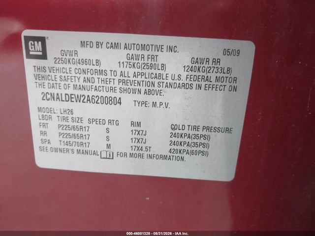 Продаж на аукціоні авто 2010 Chevrolet Equinox Lt, vin: 2CNALDEW2A6200804, номер лоту: 46001328