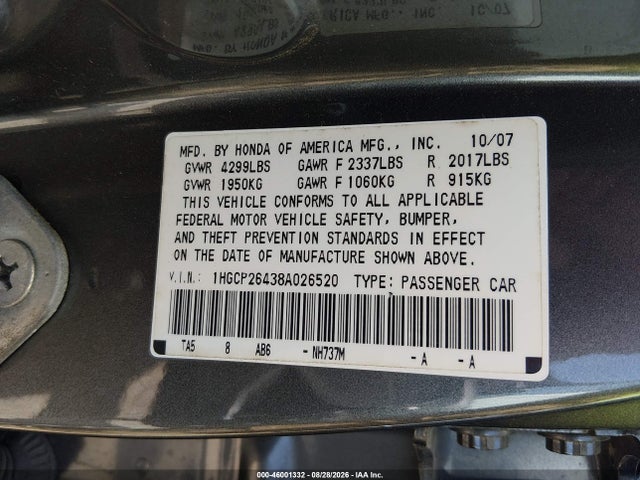 Продажа на аукционе авто 2008 Honda Accord 2.4 Lx-p, vin: 1HGCP26438A026520, номер лота: 46001332