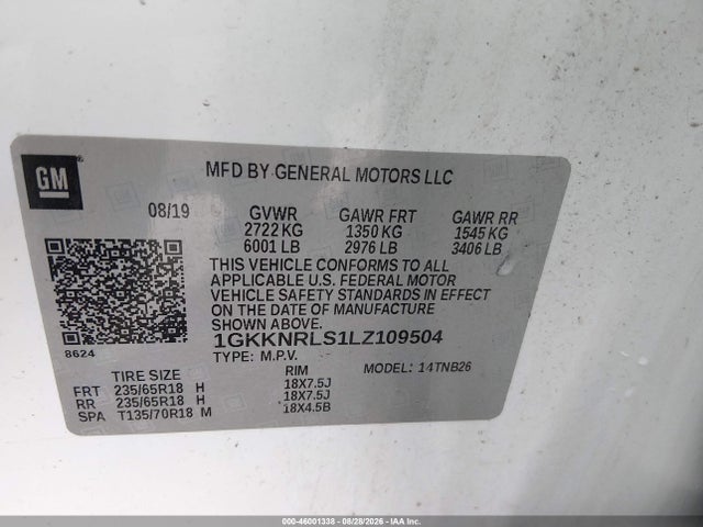 Auction sale of the 2020 Gmc Acadia Fwd Sle, vin: 1GKKNRLS1LZ109504, lot number: 46001338