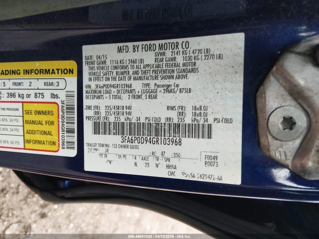Aukcja sprzedaży 2016 Ford Fusion Titanium, vin: 3FA6P0D94GR103968, numer aukcji: 46001343
