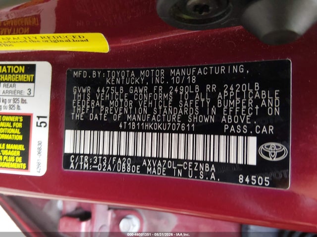 2019 Toyota Camry Le მანქანა იყიდება აუქციონზე, vin: 4T1B11HK0KU707611, აუქციონის ნომერი: 46001351