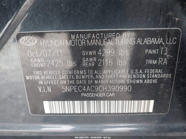 Продаж на аукціоні авто 2012 Hyundai Sonata Limited, vin: 5NPEC4AC9CH390990, номер лоту: 46001352