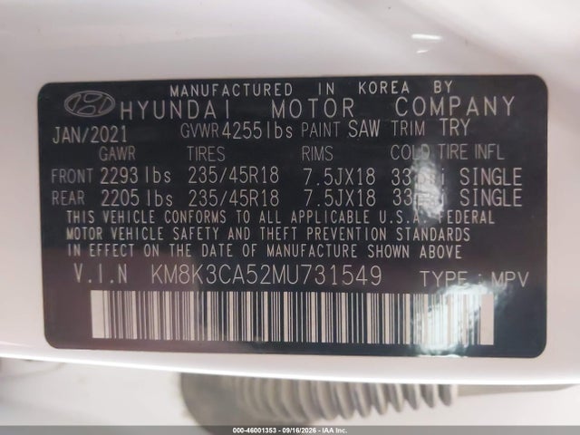 Aukcja sprzedaży 2021 Hyundai Kona Limited, vin: KM8K3CA52MU731549, numer aukcji: 46001353