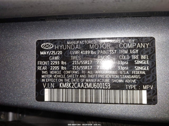 Продажа на аукционе авто 2021 Hyundai Kona Sel, vin: KM8K2CAA2MU600153, номер лота: 46001364