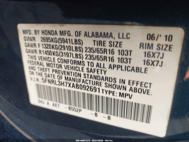 2010 Honda Odyssey Ex-l მანქანა იყიდება აუქციონზე, vin: 5FNRL3H7XAB092691, აუქციონის ნომერი: 46001372