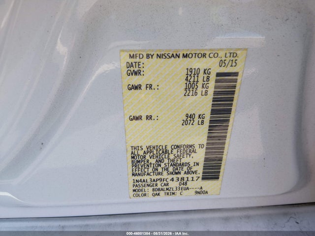 2015 Nissan Altima 2.5 Sv მანქანა იყიდება აუქციონზე, vin: 1N4AL3AP9FC438117, აუქციონის ნომერი: 46001384