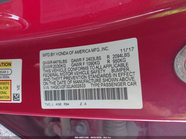 2018 Honda Accord Sport 2.0t მანქანა იყიდება აუქციონზე, vin: 1HGCV2F32JA002633, აუქციონის ნომერი: 46001386